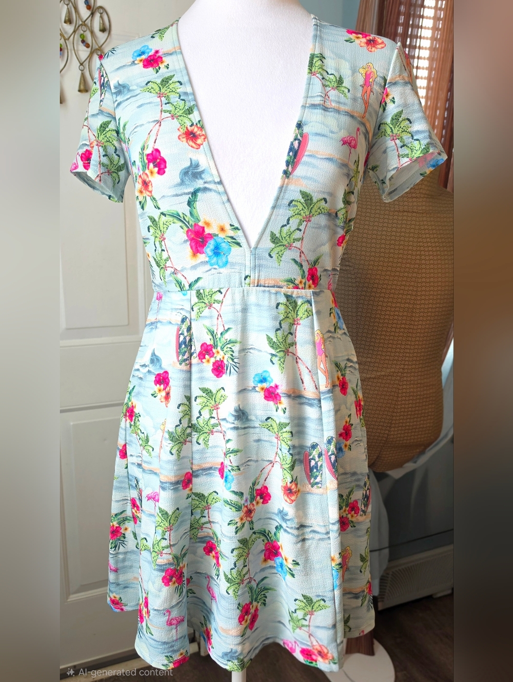 Show Me Your MuMu X Barbie Ibza Fit & Flare Mini Dress Womens S Light Blue Tropi - Picture 2 of 12